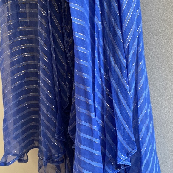 MISA Ambrosia Ruffle Hem Striped Midi Dress‎ Metallic Gold Royal Blue Tiered NEW - Picture 6 of 14